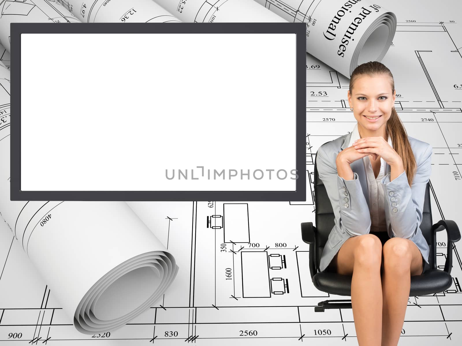 Happy business lady sitting in chair in relaxed posture on abstract background with empty square shape place