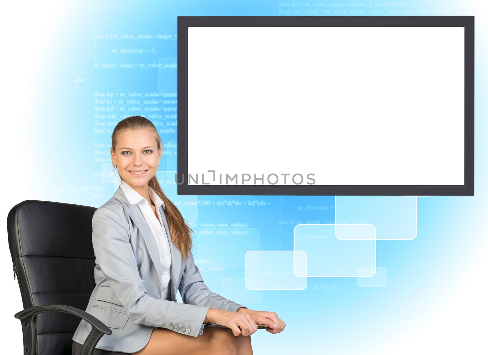 Smiling business lady sitting in chair and holding folder on abstract background with empty square shape place