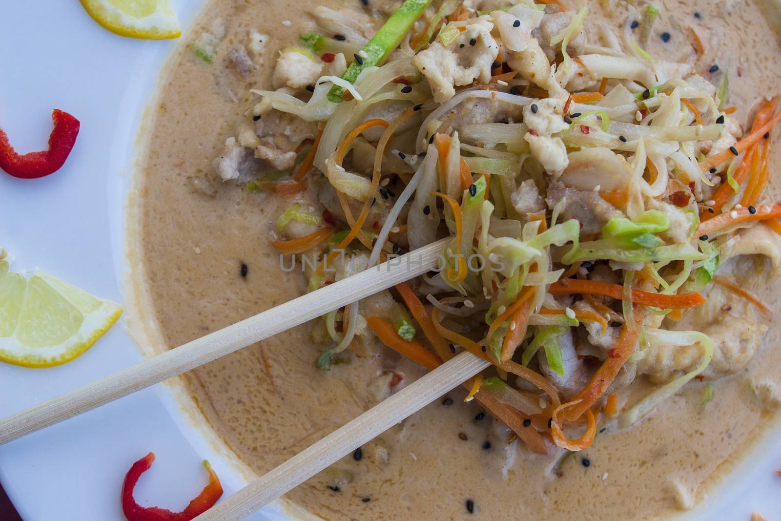 ramen asian noodle soup with vegetables and beef