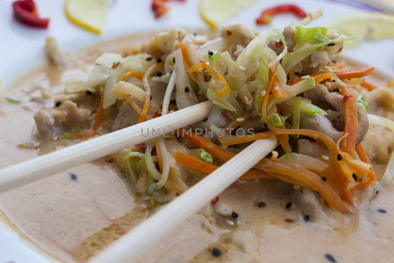 ramen asian noodle soup with vegetables and beef