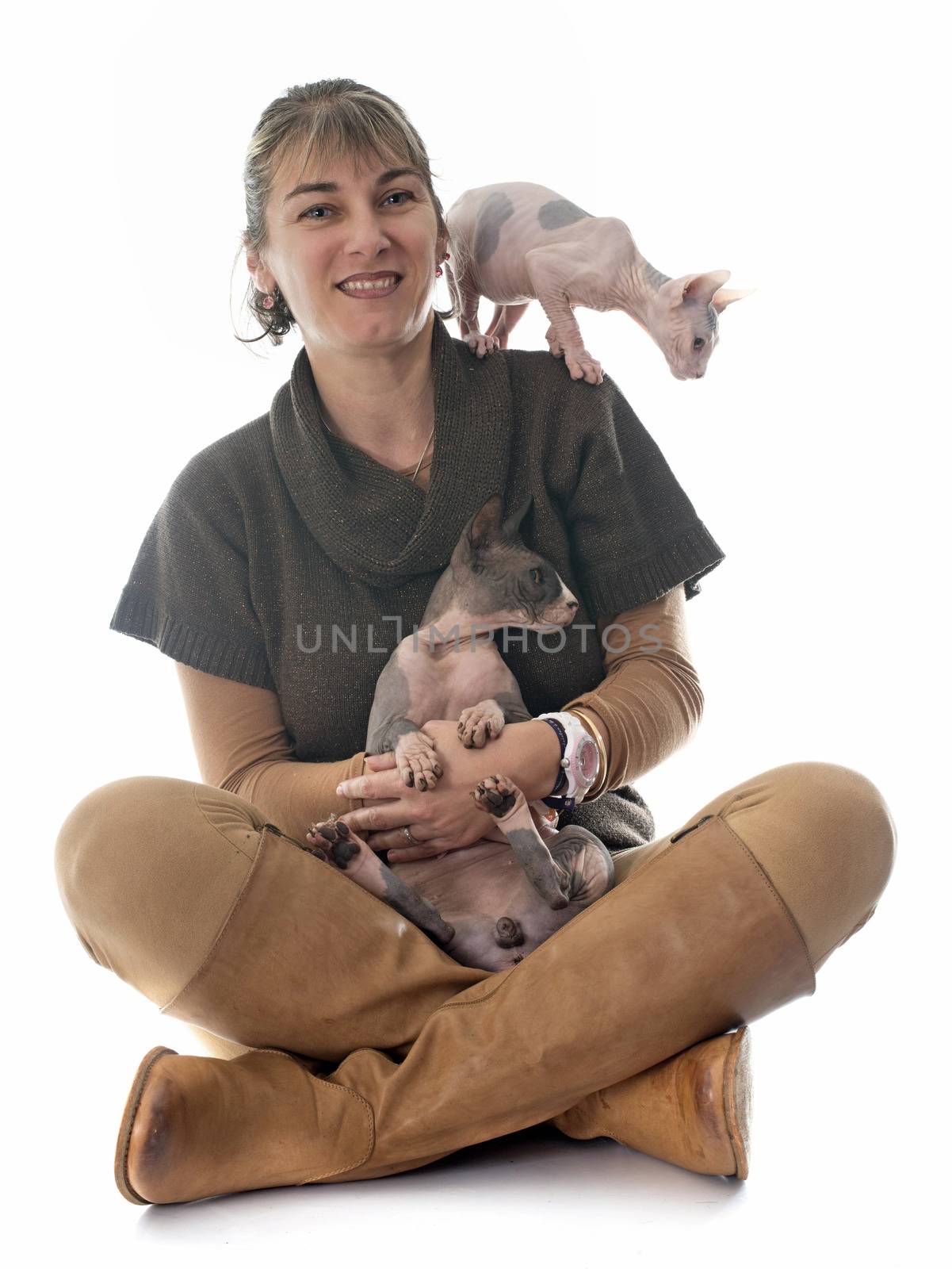 Sphynx Hairless Cat and woman in front of white background