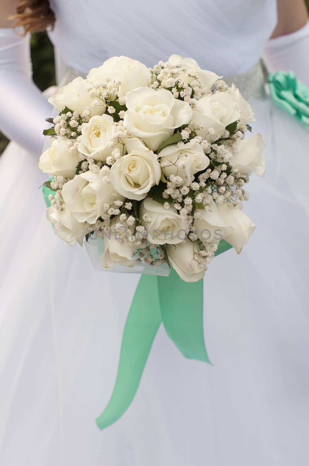 Bride Holding beautiful Bouquet of White Roses by timonko