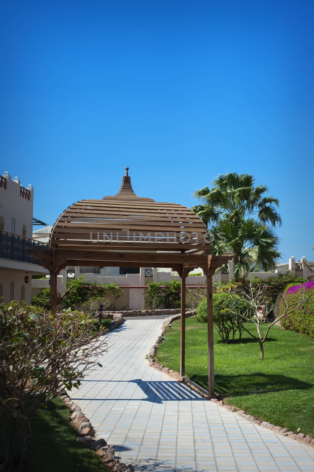 Beautiful wooden gazebo on the hotel