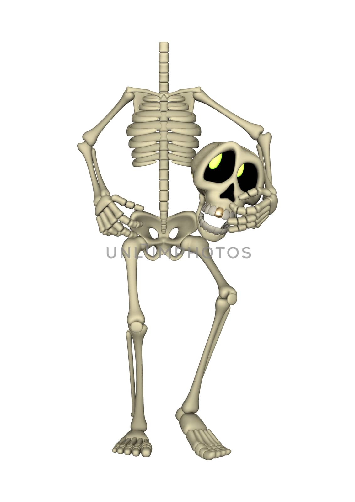3D digital render of a cartoon human skeleton holding his head isolated on white background