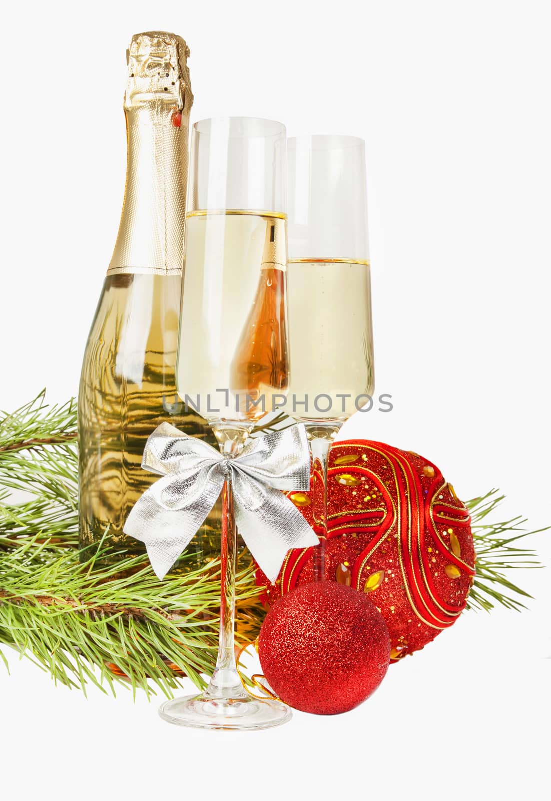 Champagne with two glasses and new year composition isolated