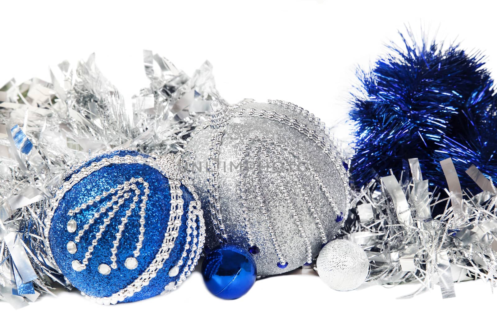 Christmas blue and silver tinsel and blue with silver glitter balls