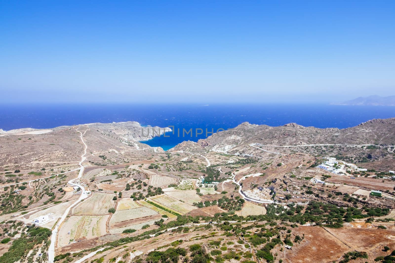 Scenic landscape view and ocean coastline on Milos island in Cyclades, Greece