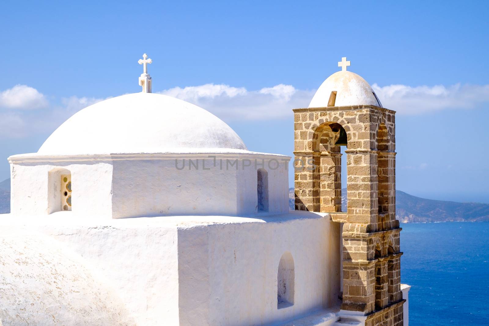 Detail of traditional Greek cycladic church in Plaka village, Greece