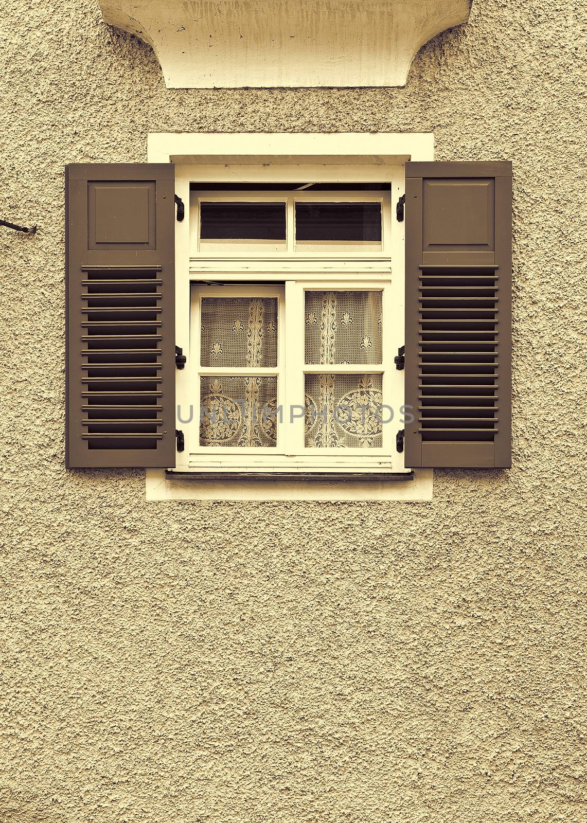  Bavarian Window with Open Wooden Shutters,  Retro Image Filtered Style