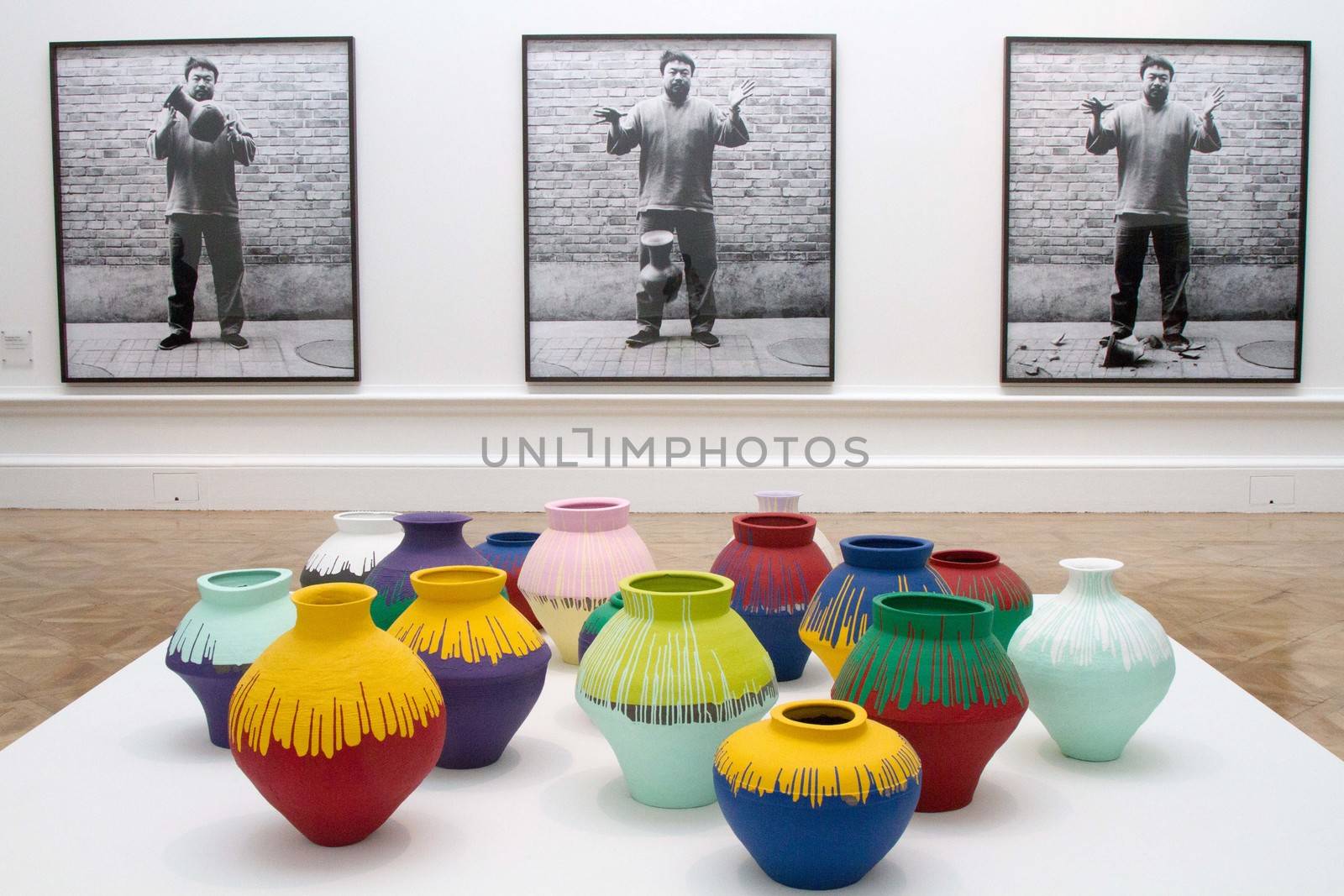 UK, London: Painted vases by Chinese artist Ai Weiwei, in his new exhibition at the Royal Academy in London, on September 15, 2015. 	The show opens to the public on September 19 and has been hailed by critics as his best ever exhbition. Works include a six-part diorama called 'Sacred' depicting his arrest, painted vases, and a security camera made from marble.