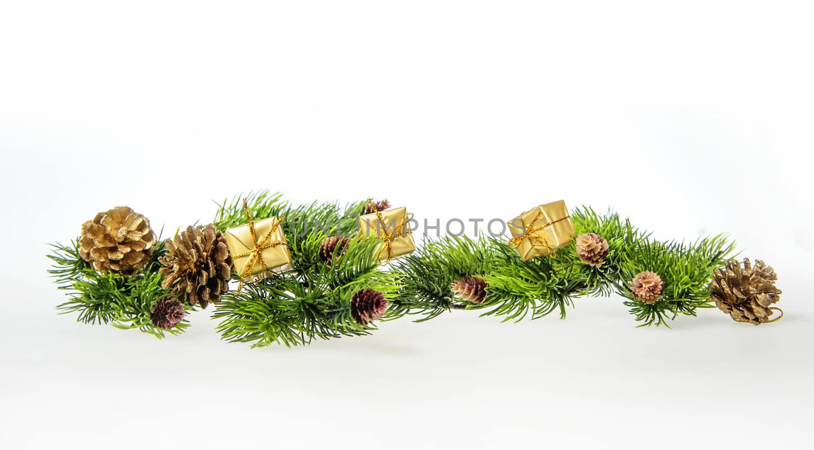 Christmas composition of tree branches and gifts