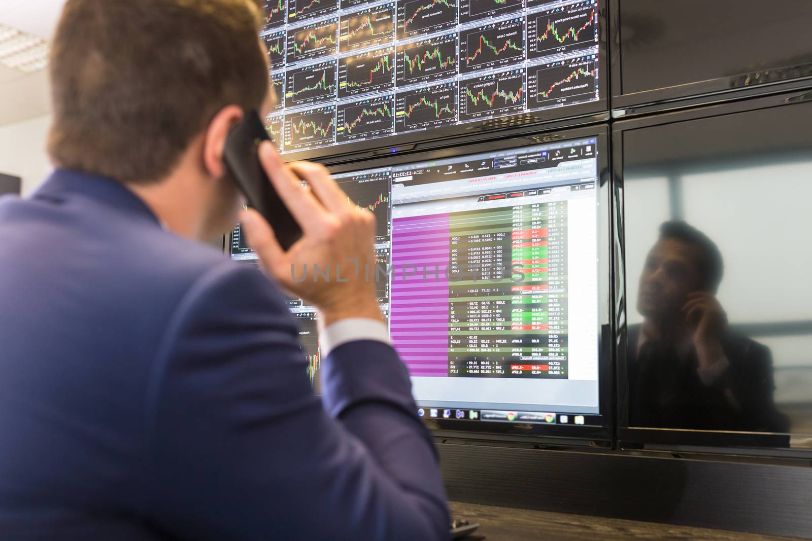 Businessman with cell phone trading stocks. Stock analyst looking at graphs, indexes and numbers on multiple computer screens. Stock trader evaluating economic data.                  