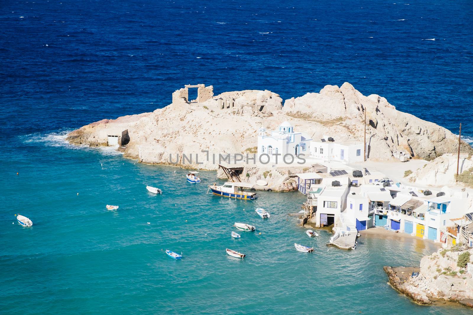 Scenic view of beautiful fishermen village Fyropotamos on Milos island, Greece