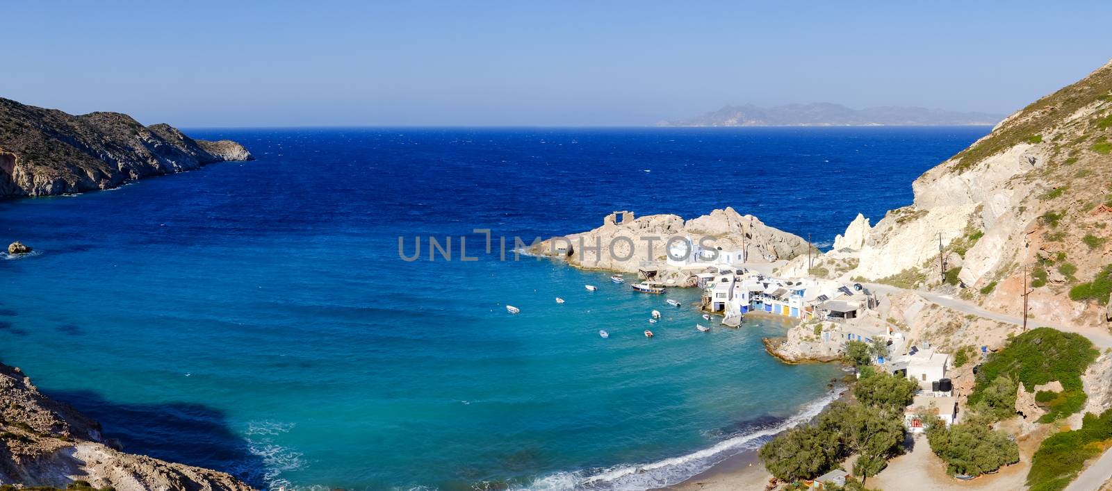 Panoramic view of beautiful fishermen village Fyropotamos on Milos by martinm303