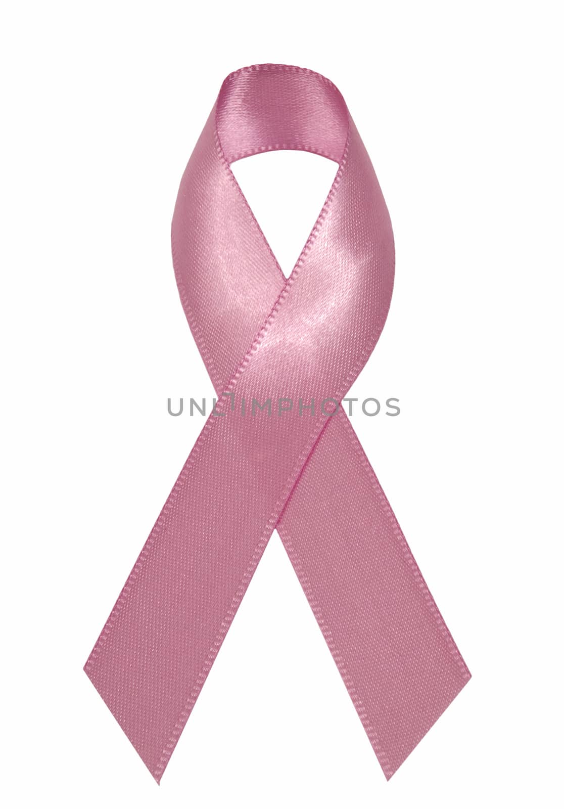 Close up shot of a pink breast cancer awareness ribbon on white background