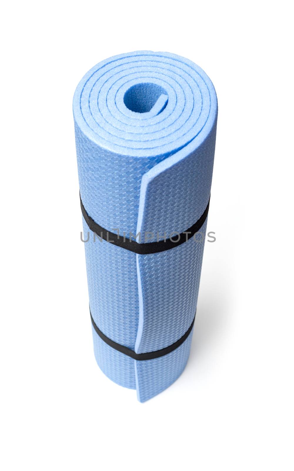 Blue yoga mat for exercise, isolated on white background.