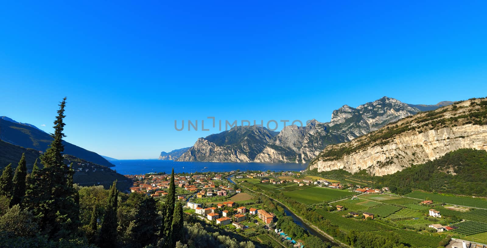 Lago di Garda (Garda Lake) of glacial origin, Sarca river and Torbole, small town in Trentino Alto Adige, Italy, Europe