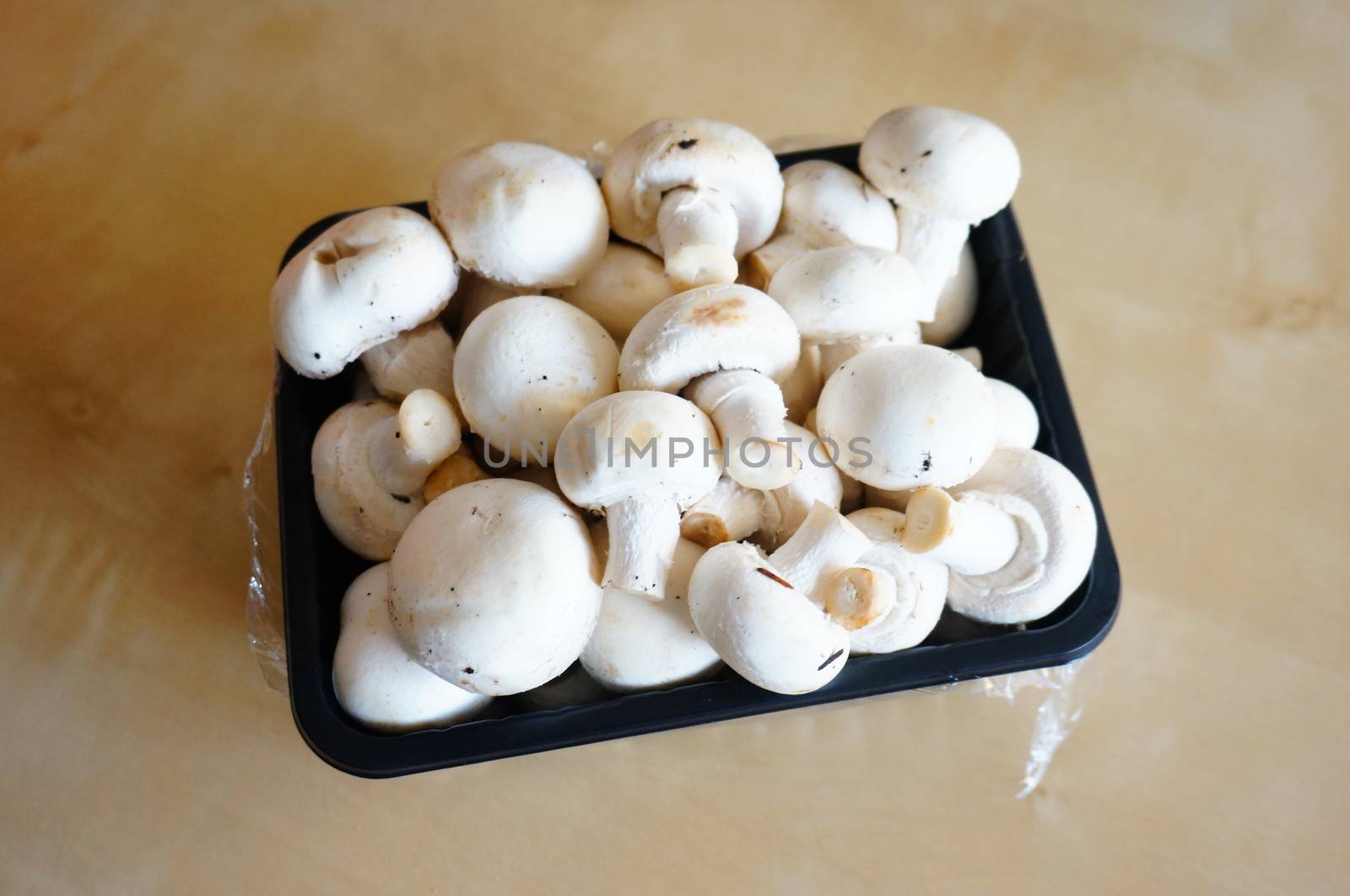 Fresh white champignons in a plastic box