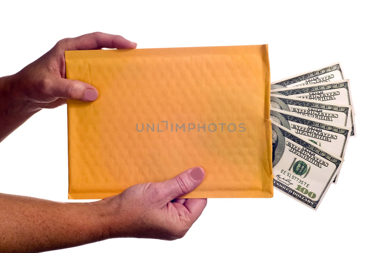 Horizontal shot of hands holding a blank front, for your copy, manila folder full of cash on a white background