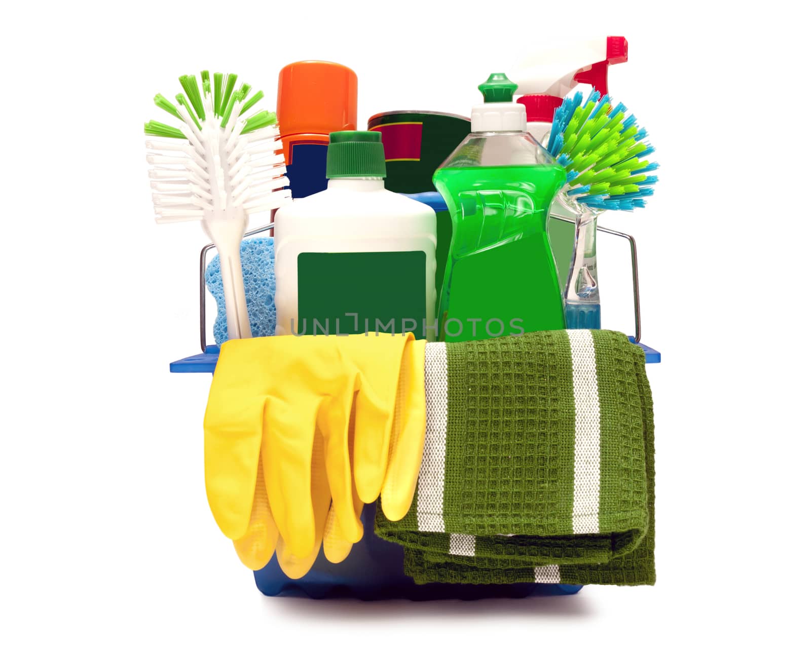 Cleaning Supplies With Yellow Rubber Gloves by stockbuster1