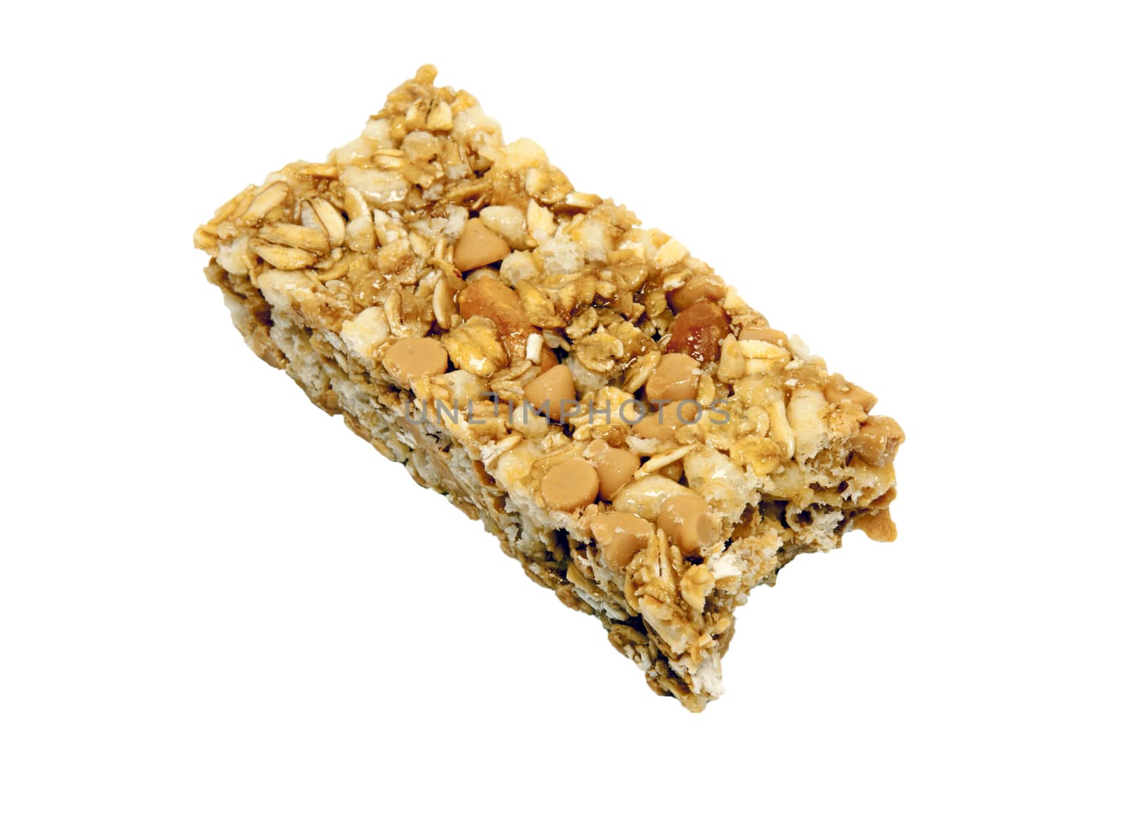 Close up shot of a delicious and chewy granola bar with big bite take out.  Isolated on white background.
