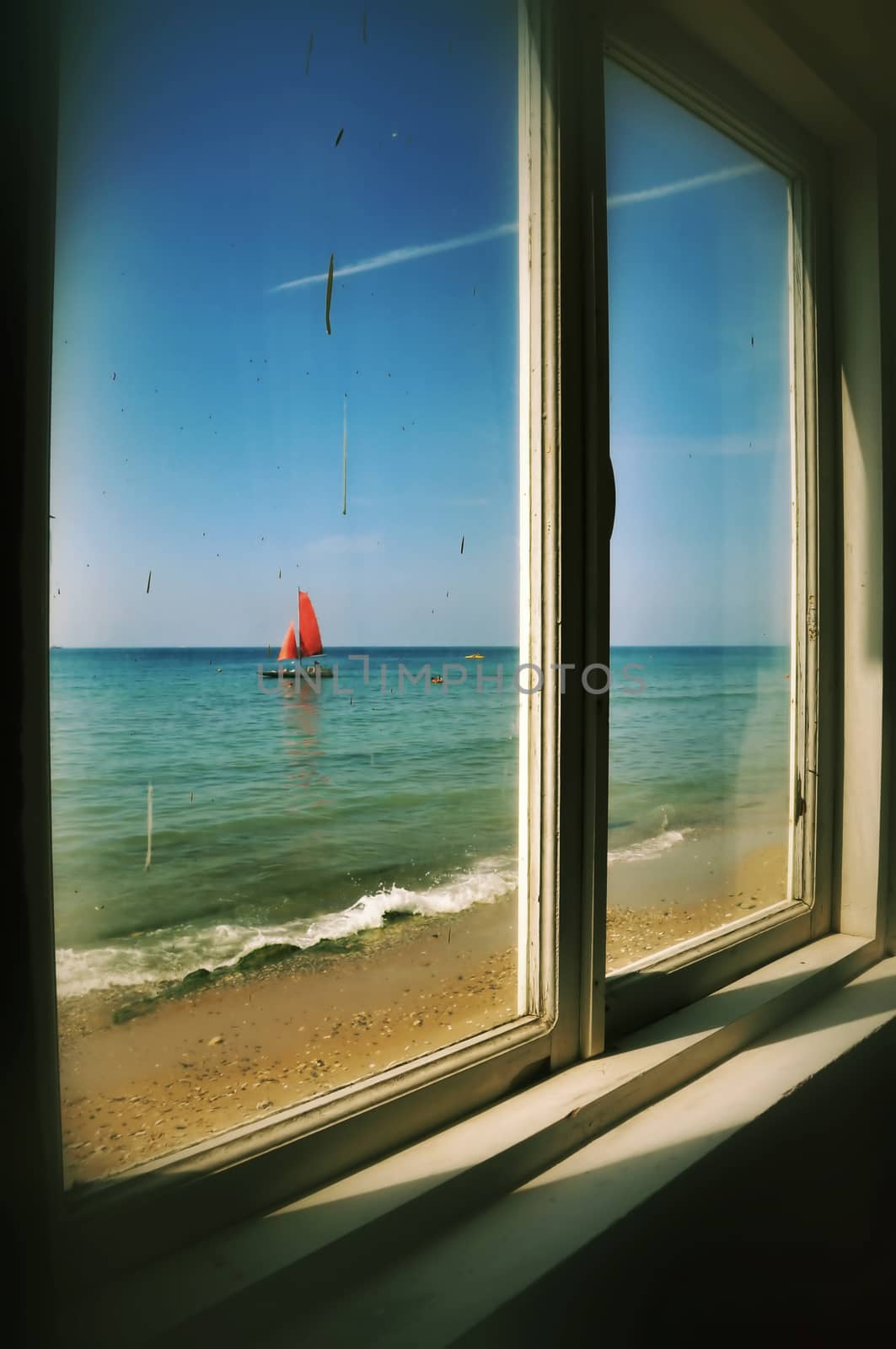 View from the window of an old thrown house on a boat with red s by zloyel