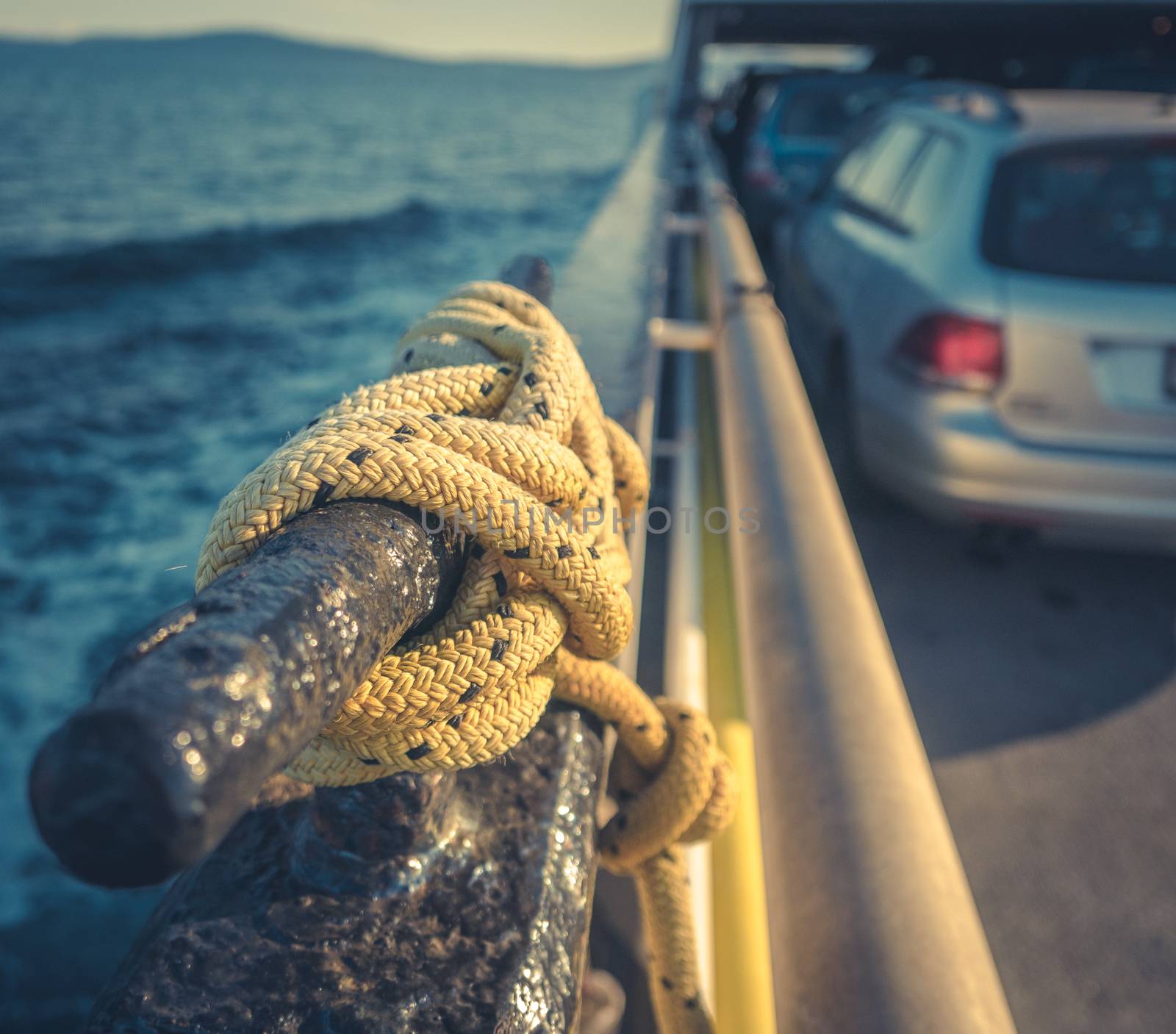 Retro Style Transportation Image Of A Car On A Ferry