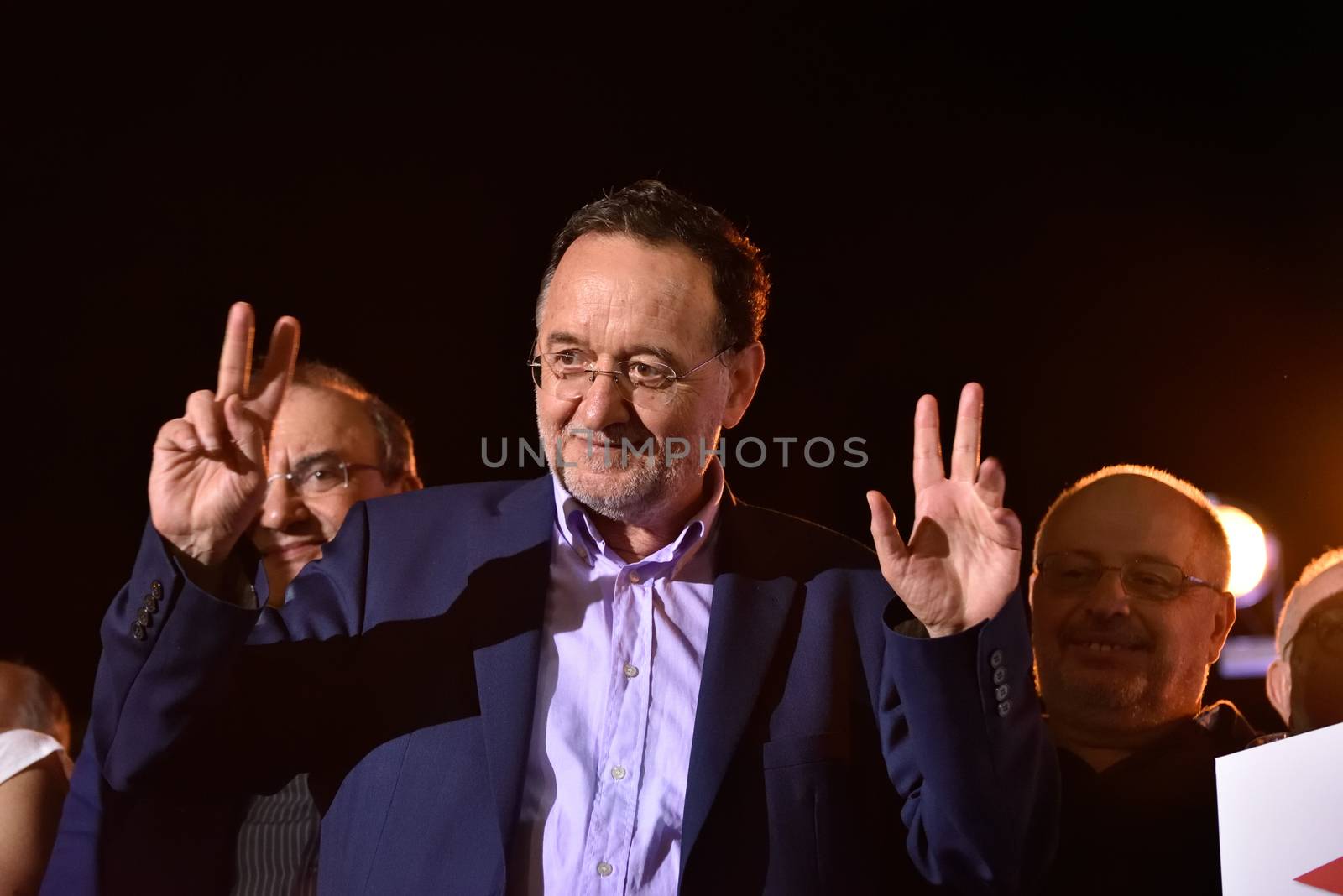 GREECE, Athens: Popular Unity party leader Panagiotis Lafazanis addresses crowds at the party's main pre-election rally in Athens on September 15, 2015. Greece's snap election takes place on September 20, with Syriza leader Alexis Tsipras and New Democracy's Evangelos Meimarakis the frontrunners.