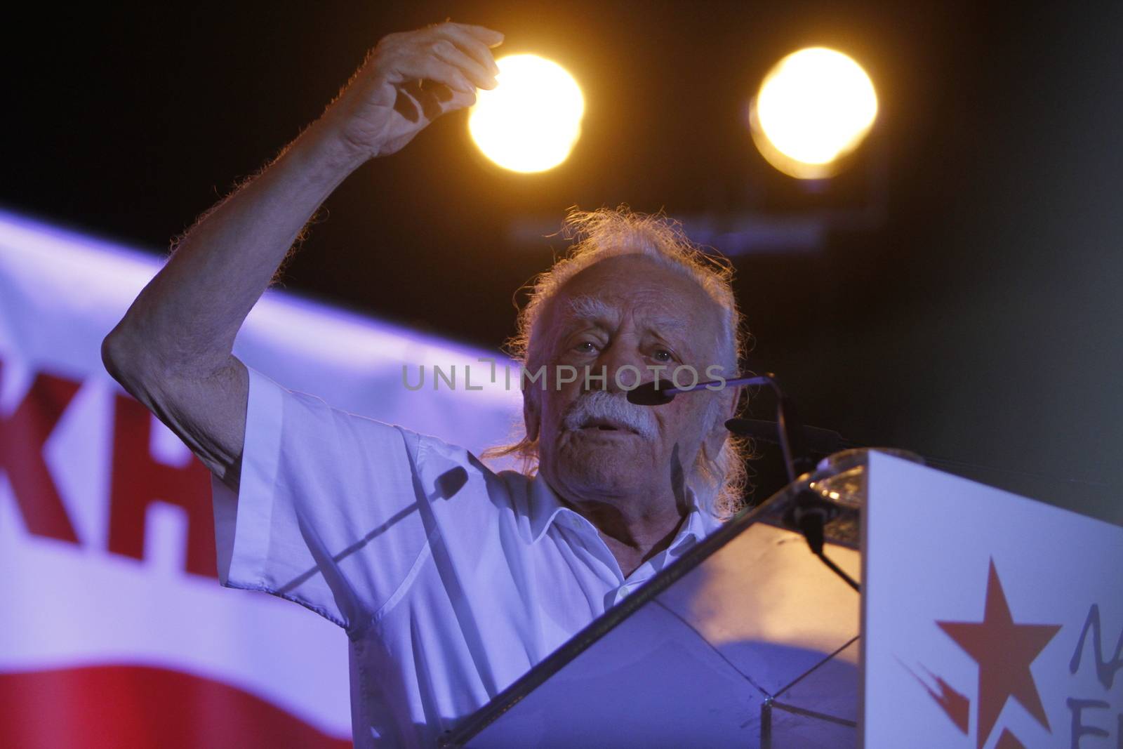 GREECE, Athens: Former Syriza and Popular Unity MEP Manolis Glezos addresses the final election rally of Popular Unity, the left-wing split-off from the governing Syriza, on September 15, 2015. Syriza called a snap election for September 20 after political turmoil following the negotiation of a further bailout packages from Greece's creditors.