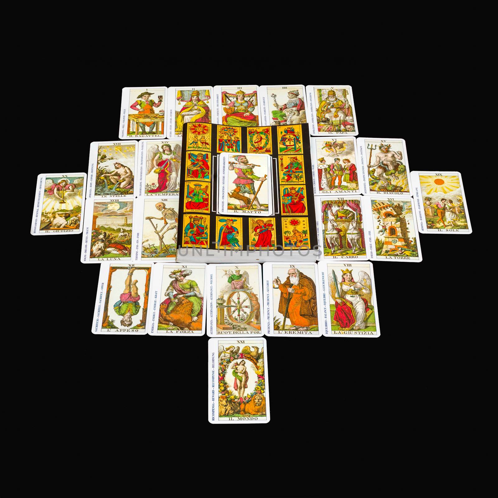 the book of the Tarot and all 22 Major Arcana,with foreground "The Fool" card.