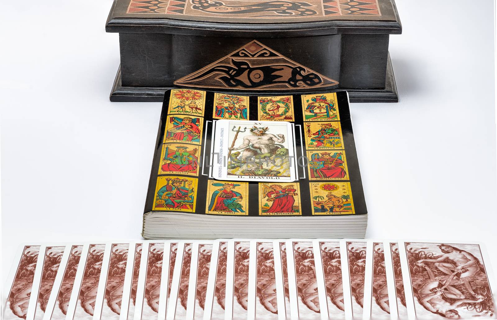 the book of the Tarot , with foreground "The Devil" card.