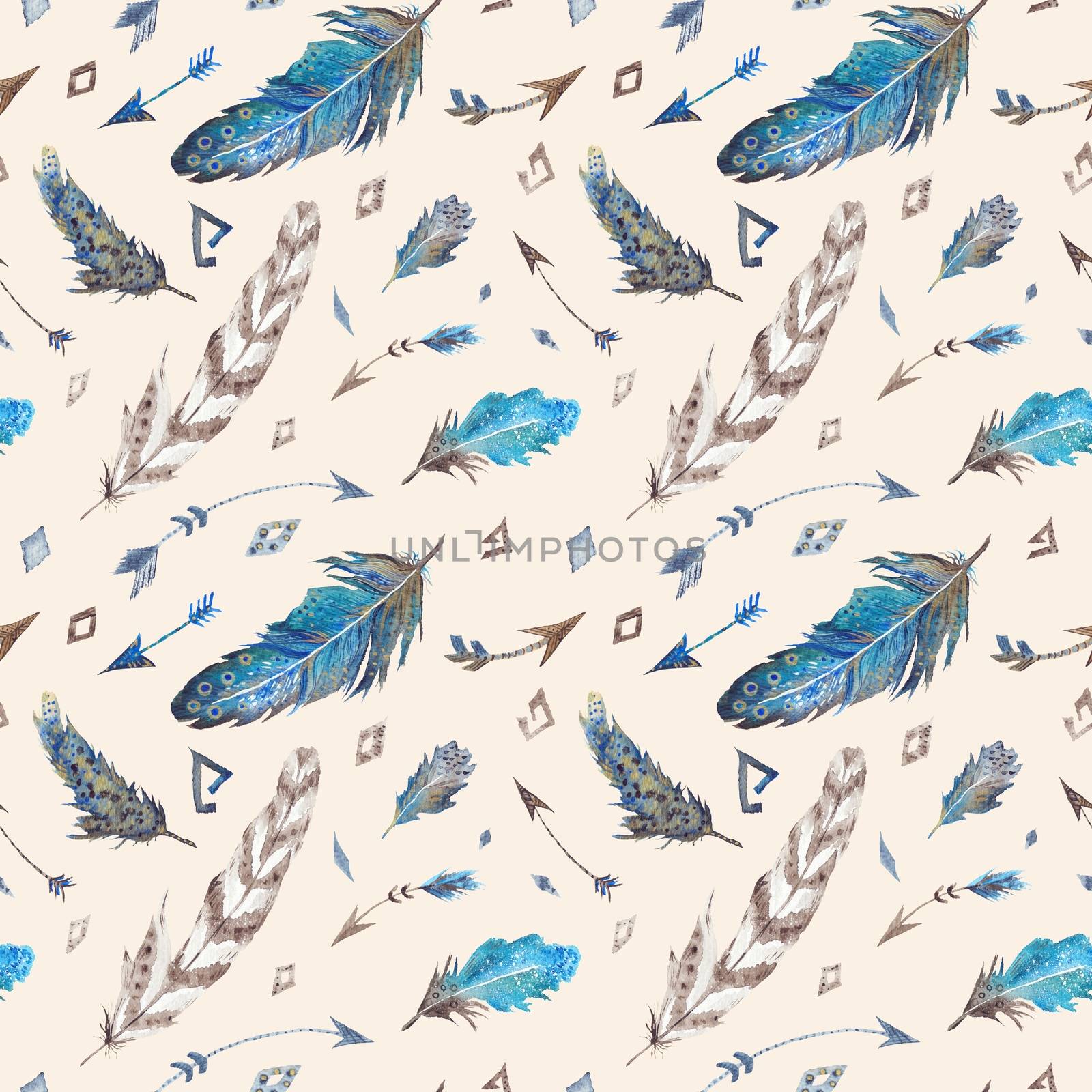 Creative hand-painted seamless texture with stylish arrows and geometric shapes on beige background