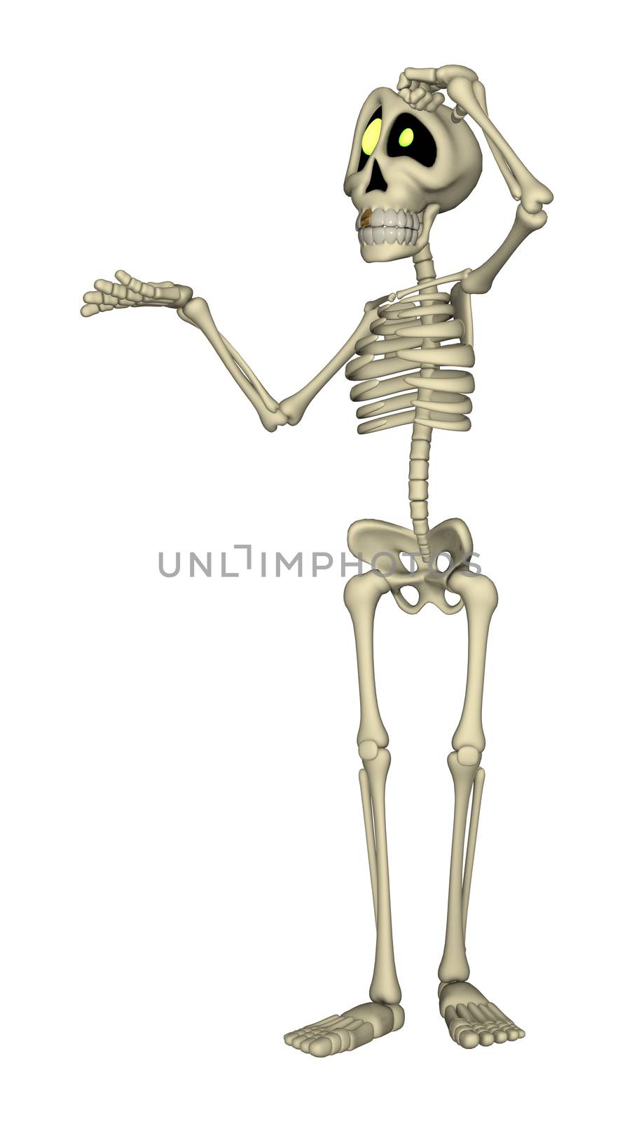 3D digital render of a cartoon human skeleton isolated on white background