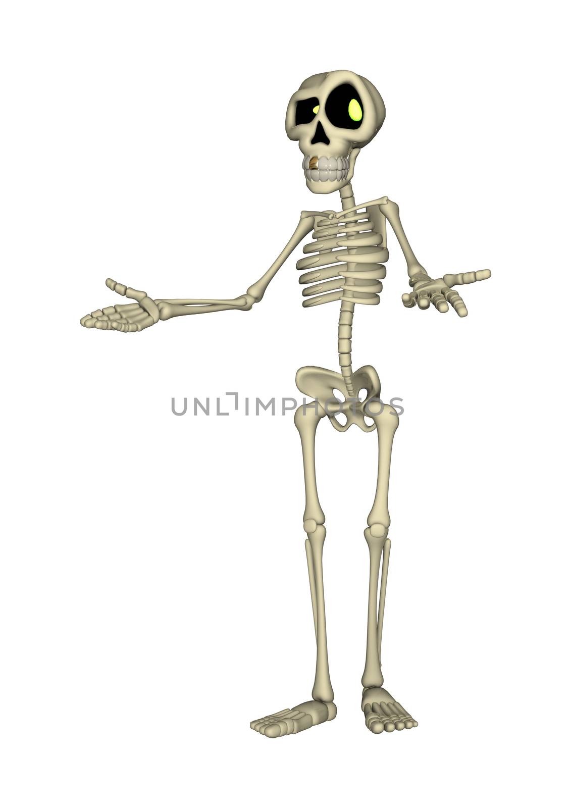 3D digital render of a cartoon human skeleton isolated on white background