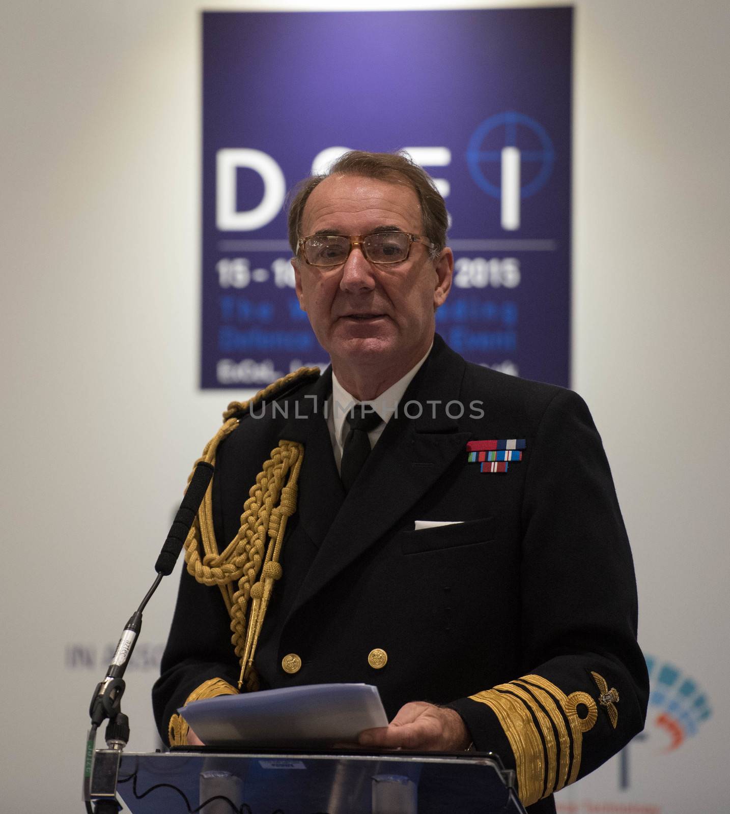 UNITED KINGDOM, London: Naval Officer	The Defence and Security International Exhibition (DSEI) began in London on September 15, 2015 despite a week of direct action protests by peace campaigners.  	The arms fair has seen over 30,000 people descend on London to see the 1,500 exhibitors who are displaying weapons of war from pistols and rifles up to tanks, assault helicopters and warships.  	Protesters attempted to block the main road into the exhibition, claiming that such an event strengthened the UK's ties to human rights abuses. 