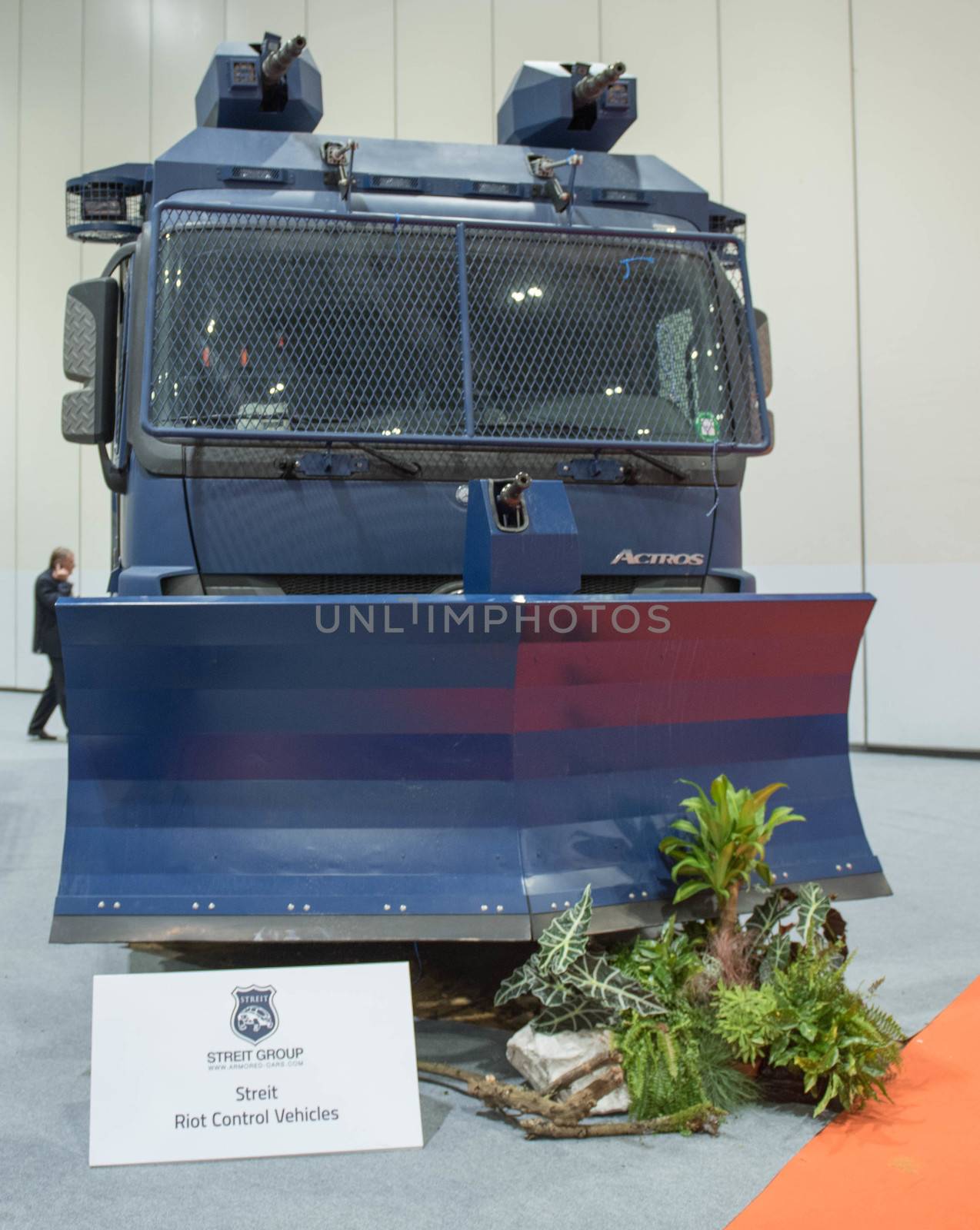 UNITED KINGDOM, London: Police truck	The Defence and Security International Exhibition (DSEI) began in London on September 15, 2015 despite a week of direct action protests by peace campaigners.  	The arms fair has seen over 30,000 people descend on London to see the 1,500 exhibitors who are displaying weapons of war from pistols and rifles up to tanks, assault helicopters and warships.  	Protesters attempted to block the main road into the exhibition, claiming that such an event strengthened the UK's ties to human rights abuses. 