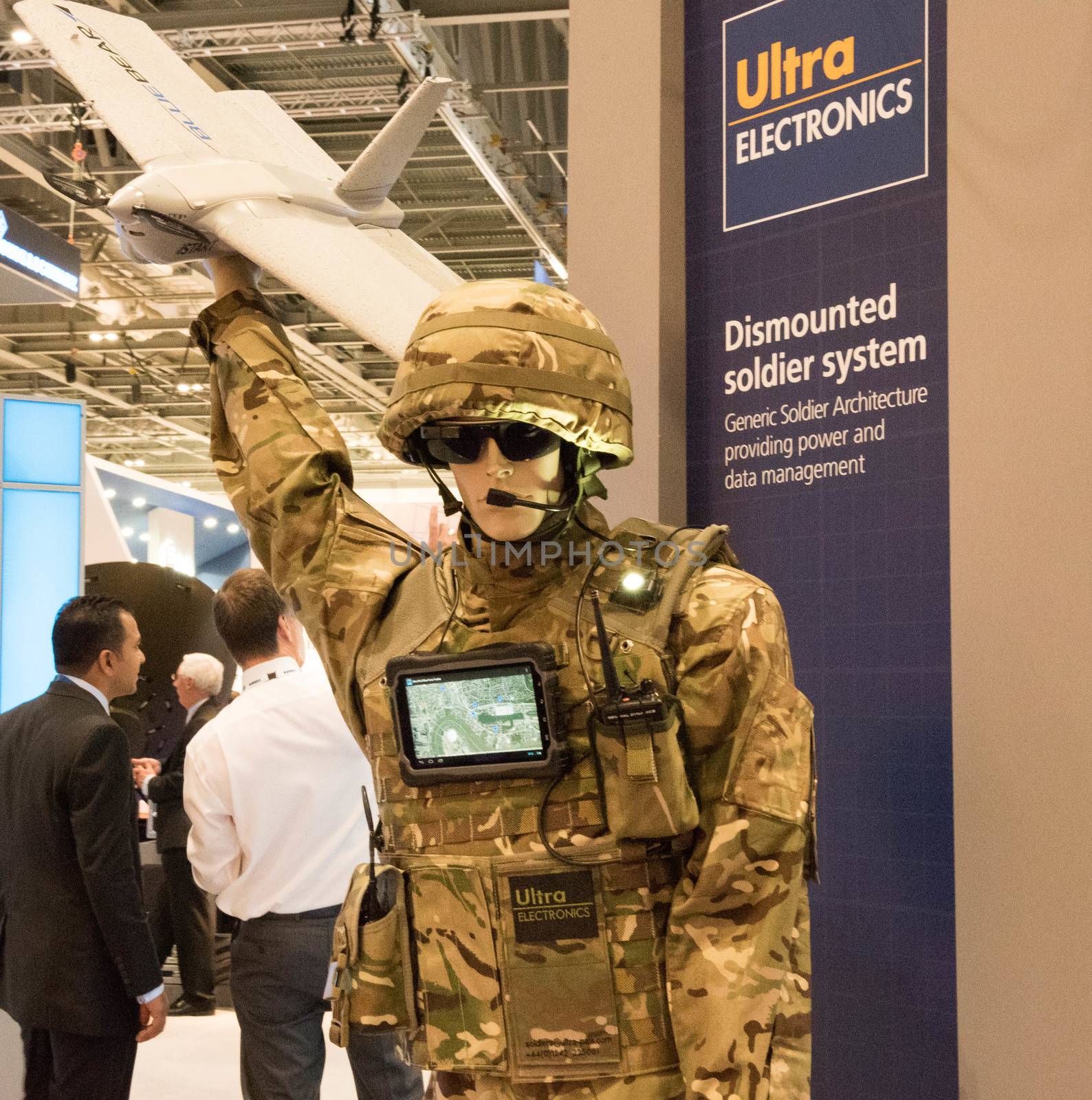 UNITED KINGDOM, London: Future soldier and drone	The Defence and Security International Exhibition (DSEI) began in London on September 15, 2015 despite a week of direct action protests by peace campaigners.  	The arms fair has seen over 30,000 people descend on London to see the 1,500 exhibitors who are displaying weapons of war from pistols and rifles up to tanks, assault helicopters and warships.  	Protesters attempted to block the main road into the exhibition, claiming that such an event strengthened the UK's ties to human rights abuses. 