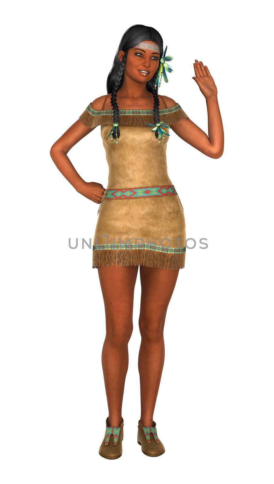 3D digital render of a native American woman waving isolated on white background