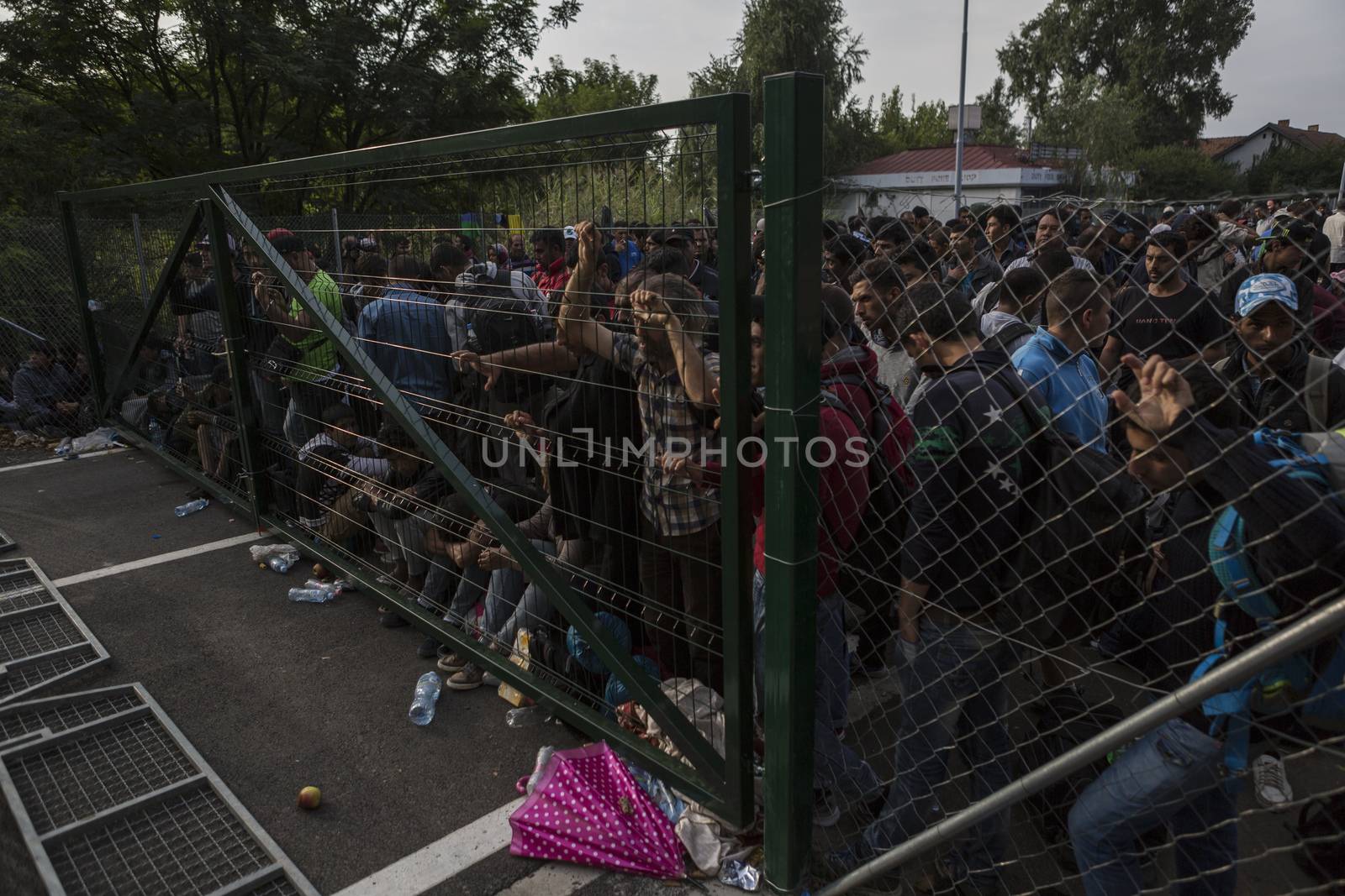 SERBIA, Horgos: Refugees stand behind a fence on the Serbian side of the Serbia-Hungary border after Hungary closed the border crossing on September 16, 2015.****Restriction: Photo is not to be sold in Russia or Asia****