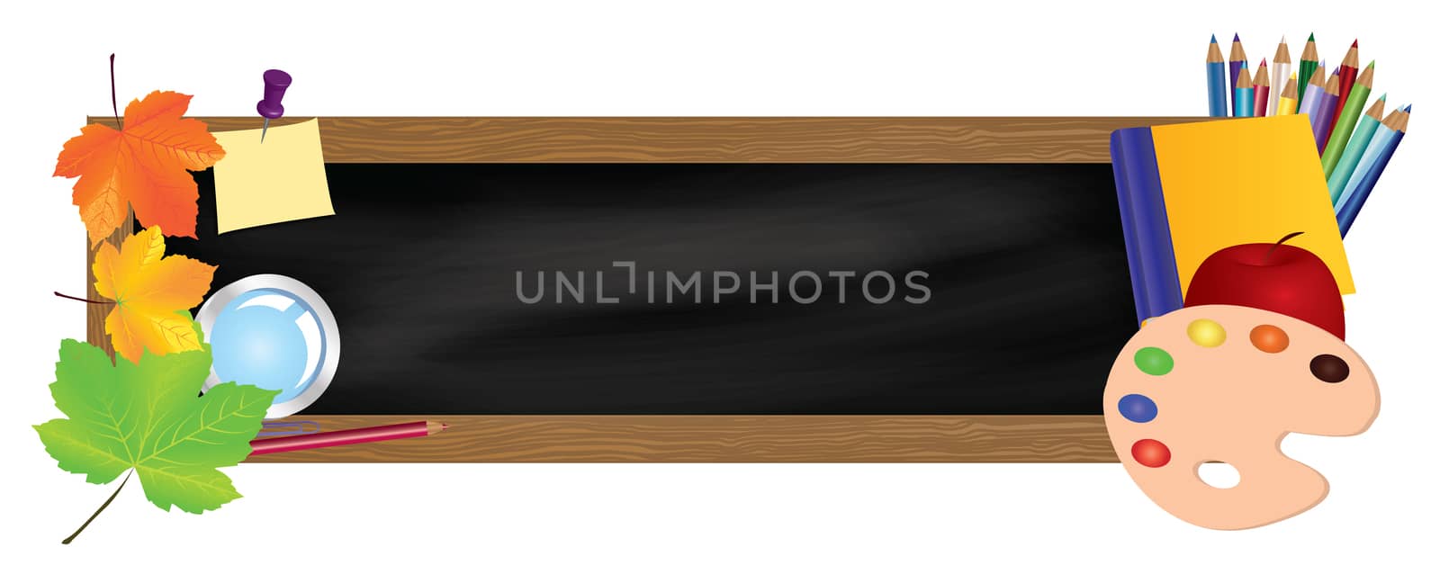 Back to school. Black desk with school supplies and autumn leaves. by wektorygrafika