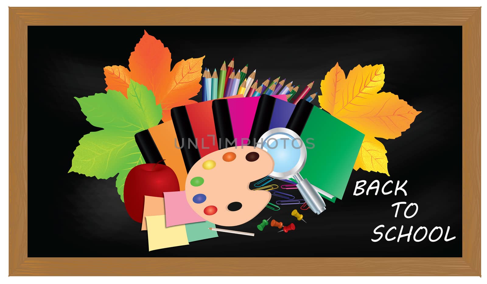 Back to school. Black desk with school supplies and autumn leaves.