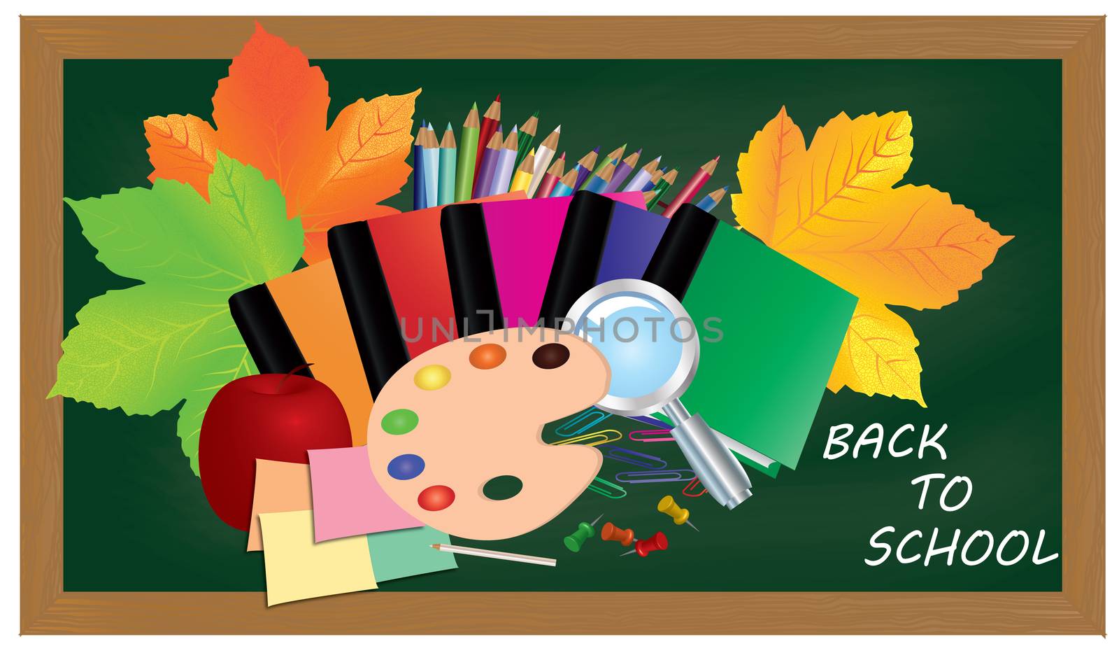 Back to school. Green desk with school supplies and autumn leaves.