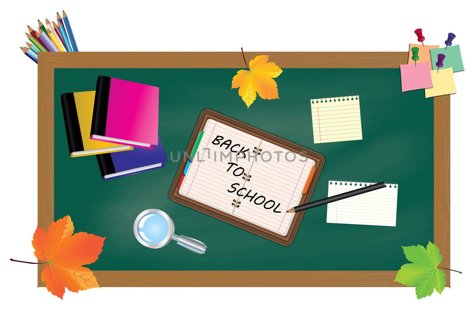 Back to school. Green desk with school supplies and autumn leaves.