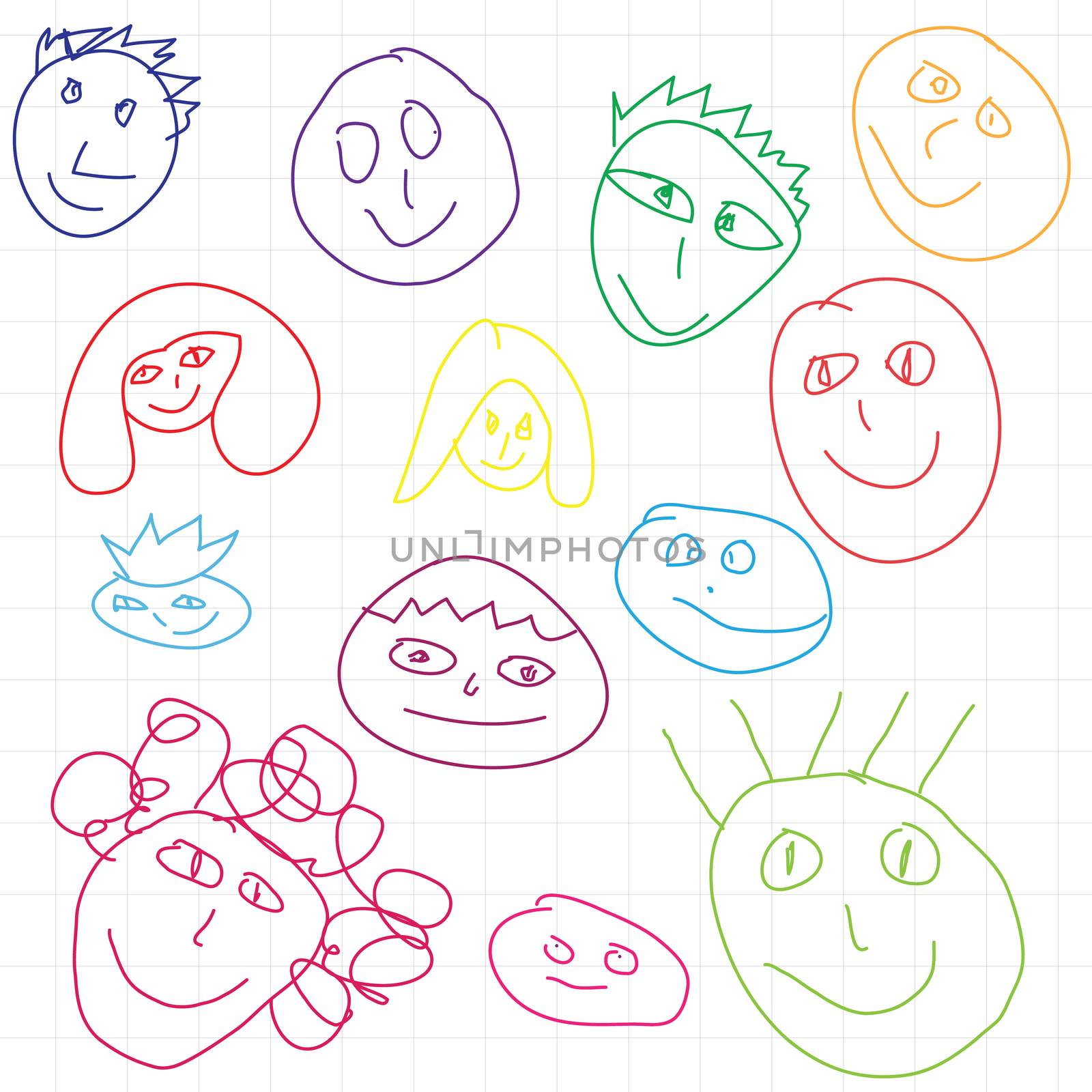 set of hand drawn faces  on white background. Kid drawing illustration