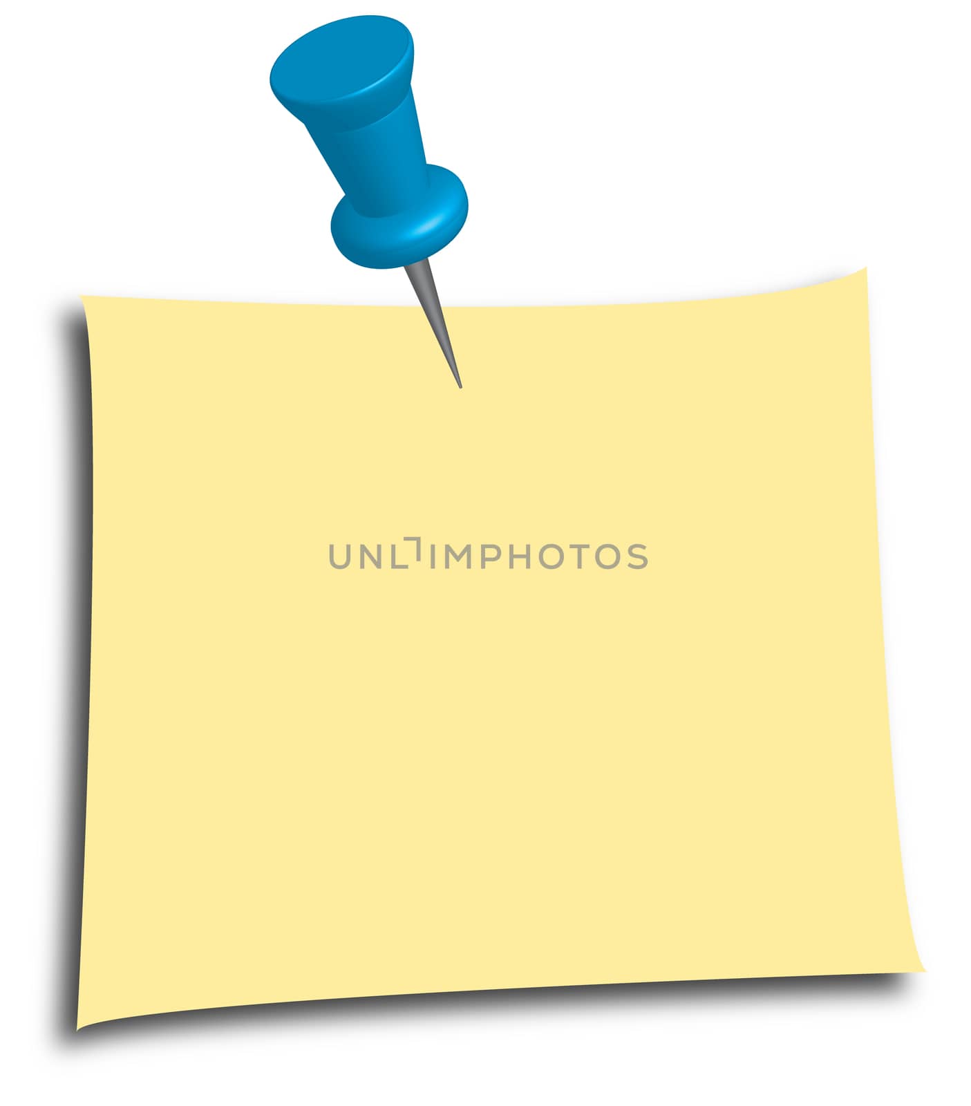Blank yellow sticky note with blue push pin isolated on white background