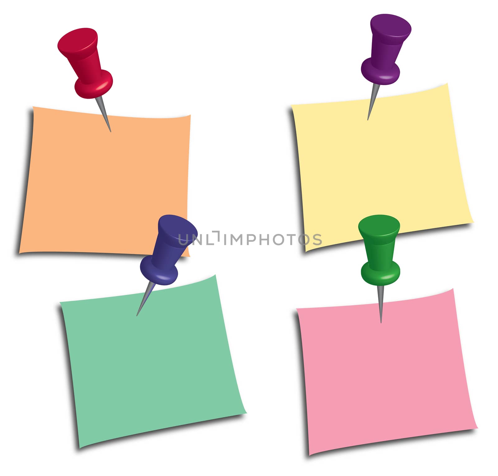 set of colorful sticky note with push pin isolated on white background