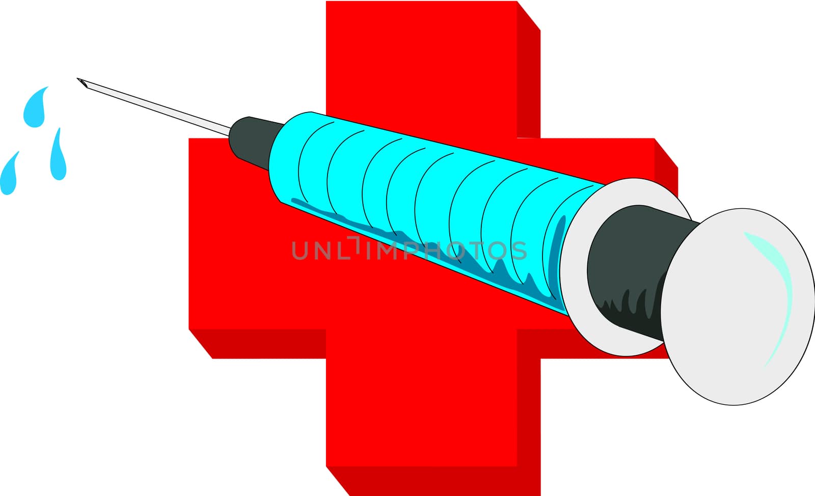 Syringe with fluid is placed in front of a red cross as an example of a strong aid against diseases.