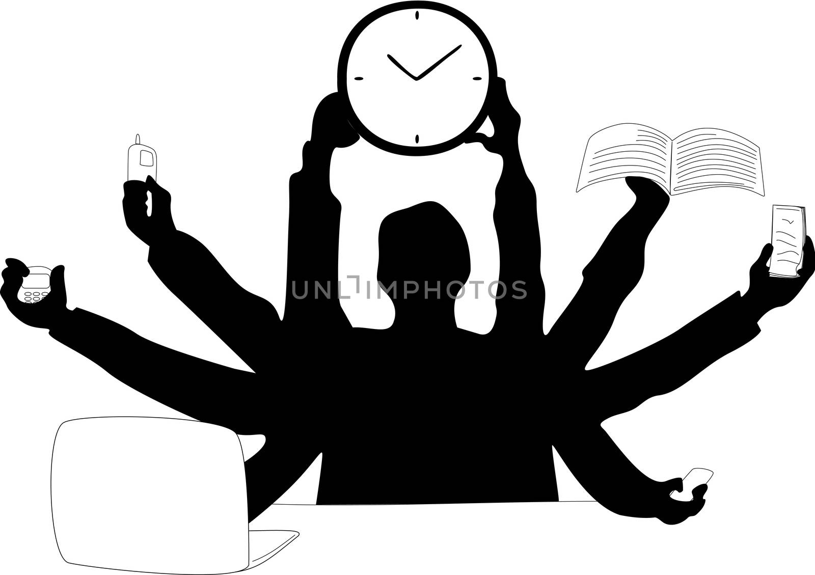 Silhouette of a business man who tries to make use of different devices at the same time, while holding up a clock.