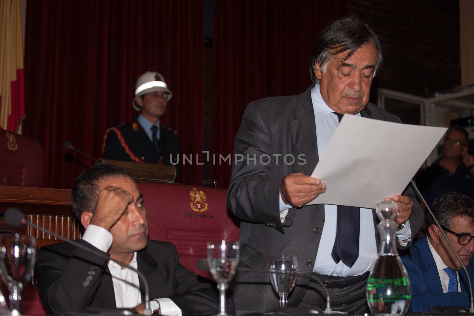 ITALY, Palermo: Palermo Mayor Leoluca Orlando addresses a ceremony granting honorary citizenship to international organization Doctors Without Borders on September 16, 2015. Among those attending the ceremony were Ahmad Al Rousan, cultural mediator with Doctors Without Borders, and Leoluca Orlando, Italian politician and Palermo Mayor.