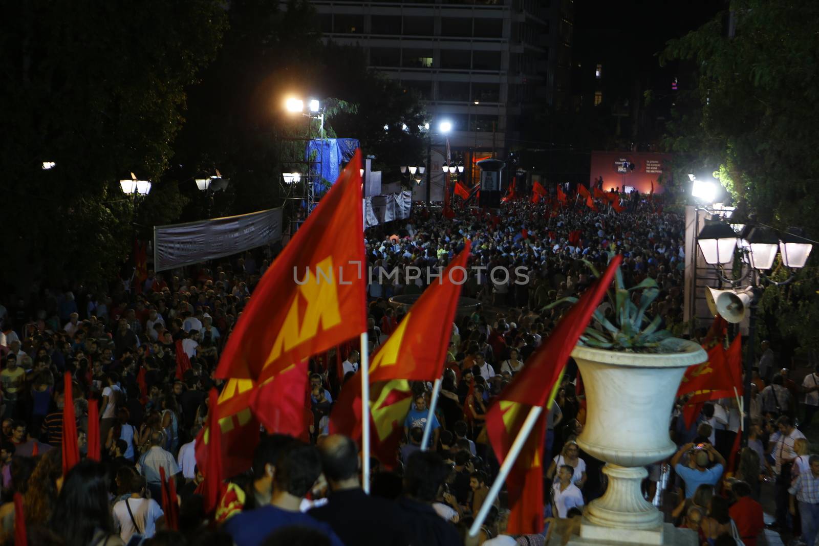 GREECE, Athens: The Communist Party of Greece (KKE) holds a massive campaign rally at Syntagma Square in Athens on September 16, 2015, ahead of the forthcoming snap elections on September 20. Thousands reportedly attended the rally, where KKE General Secretary Dimitris Koutsoumpas addressed supporters.